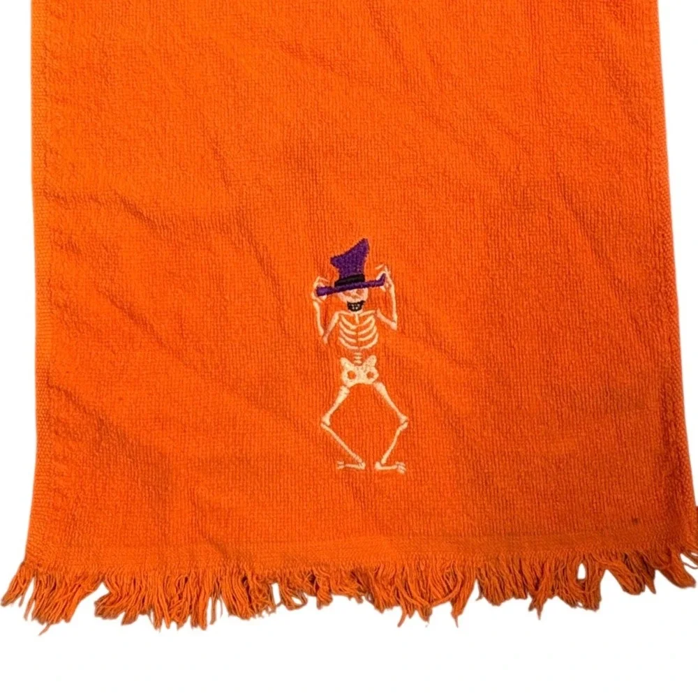 Orange Halloween Hand Towel Embroidered Dancing Skeleton Purple Top Hat Fringe